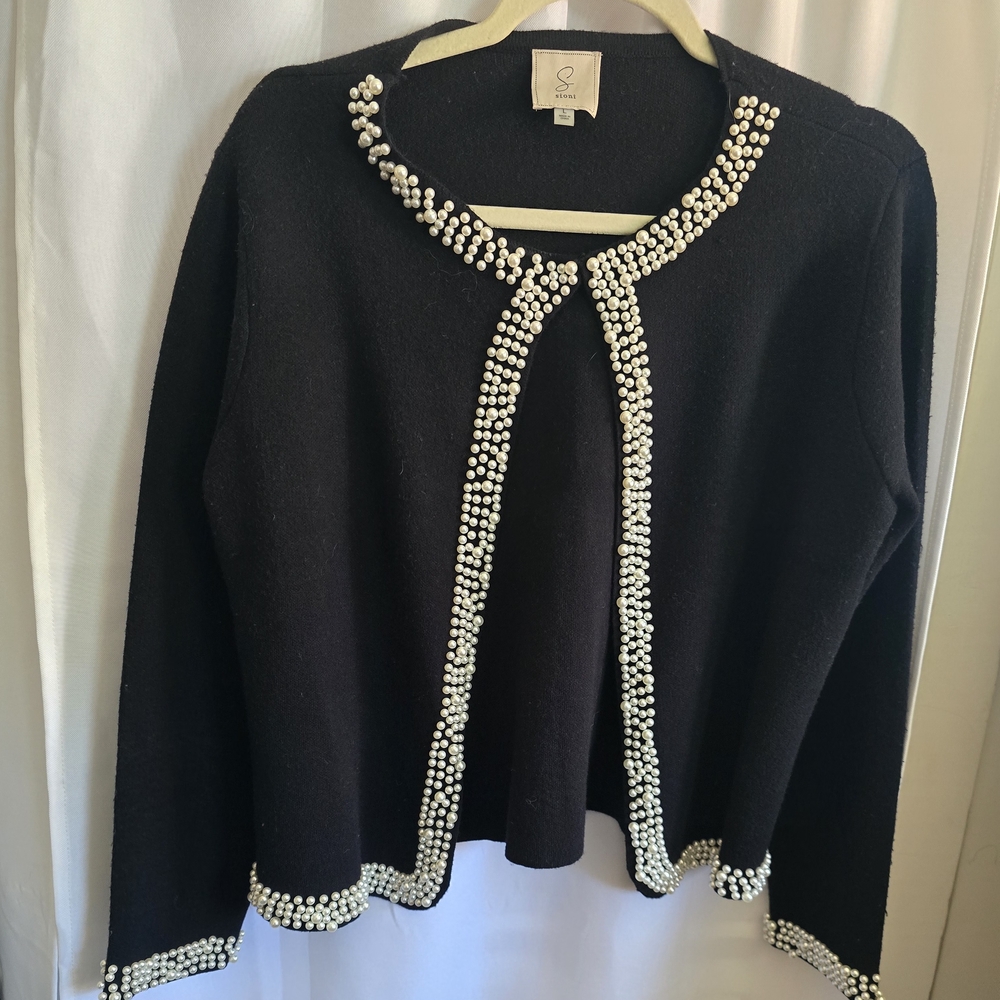 Sioni Elegant Black Cardigan with Pearl Accents